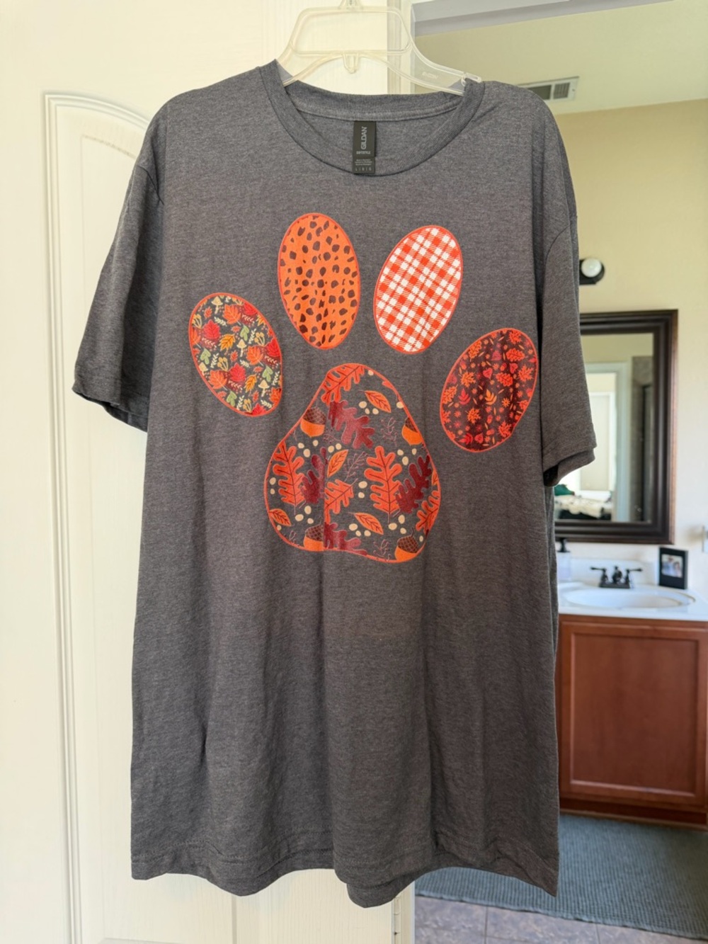 Gildan Charcoal Gray Short Sleeve Tee with Orange Pawprint Appliqué